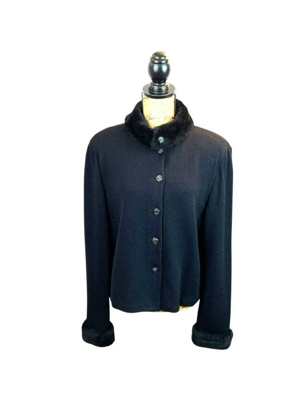 St. John Collection Womens Black Button-Up Jacket Size 14 With Faux Fur Collar & - Picture 3 of 15